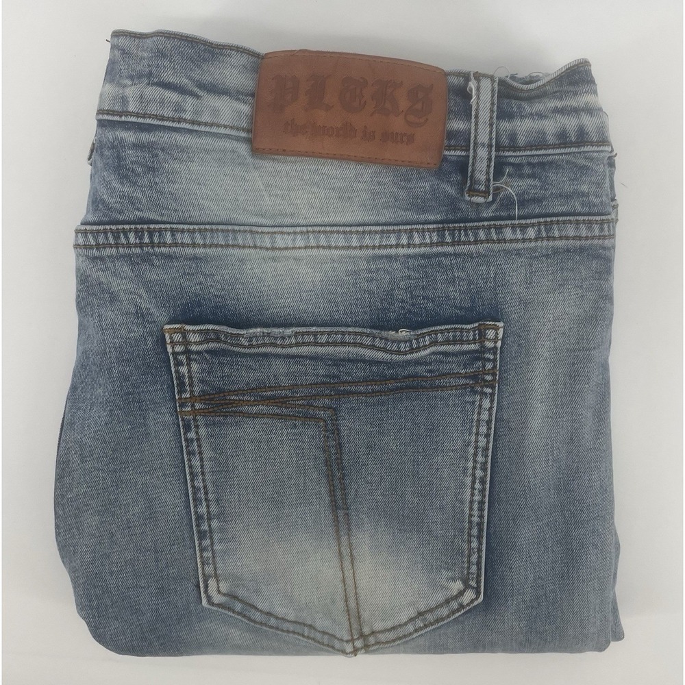 PLTKS Jeans Mens 42 Blue Light Wash Distressed Raw Hem Straight Leg Stretch